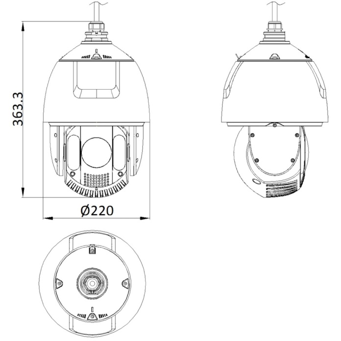 Rysunek techniczny kamery obrotowej PTZ Hikvision 4Mpx